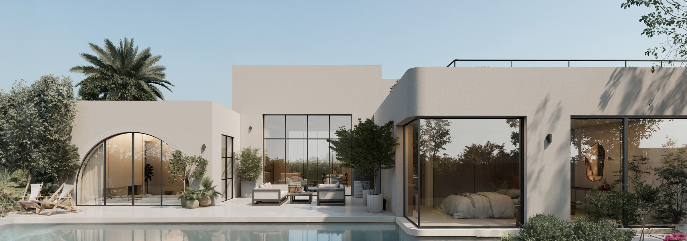 Rendu de Casa Nomada : villa aux volumes enduits clairs, grandes baies vitrées et piscine