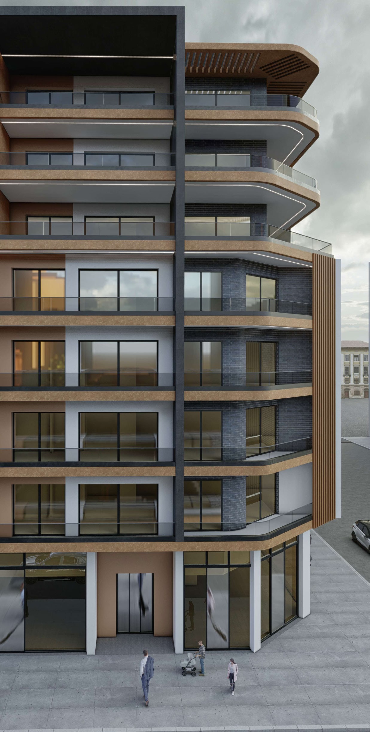 Rendu de façade d’un immeuble à balcons filants courbes, bardage bois et rez-de-chaussée vitré