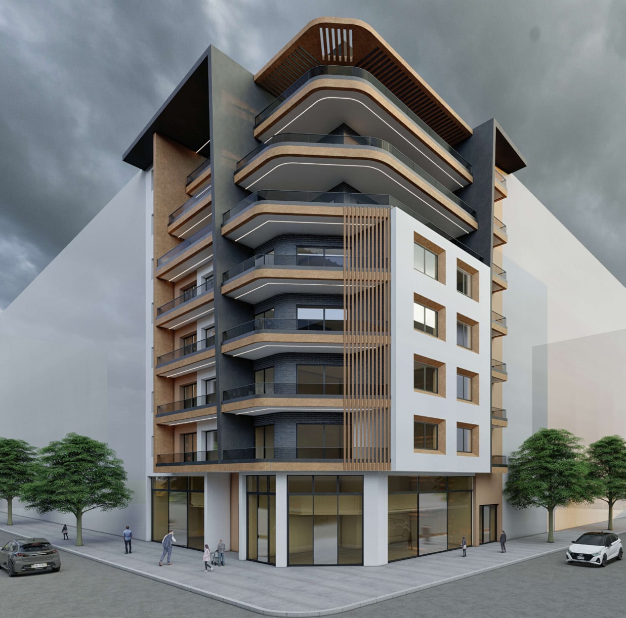 Rendu d’angle de l’immeuble, vue piétonne