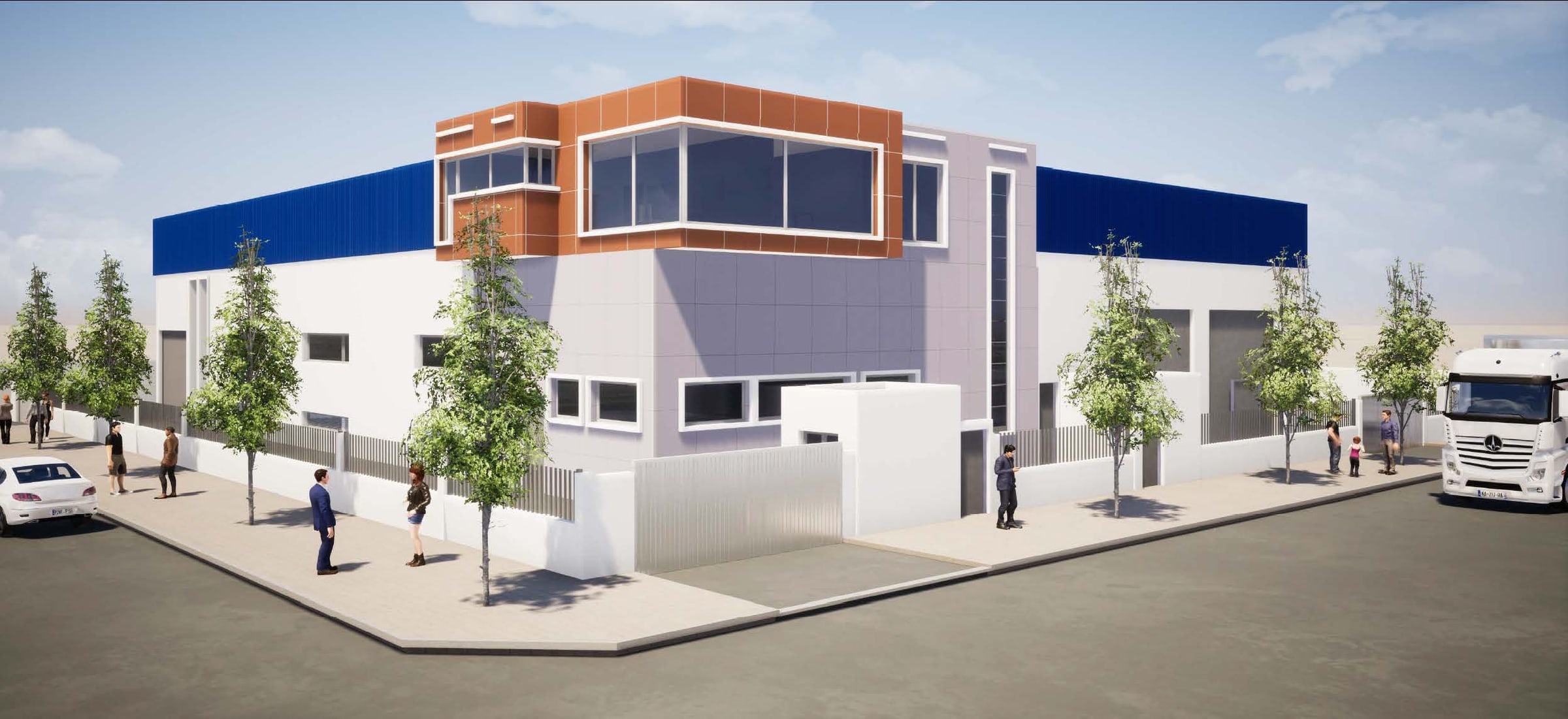 Rendu 3D de l’unité de fabrication : bâtiment industriel blanc et bleu, bureaux en angle habillés de cuivre