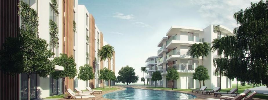 Rendu des résidences R+4 et R+3 à Agadir autour d’une piscine